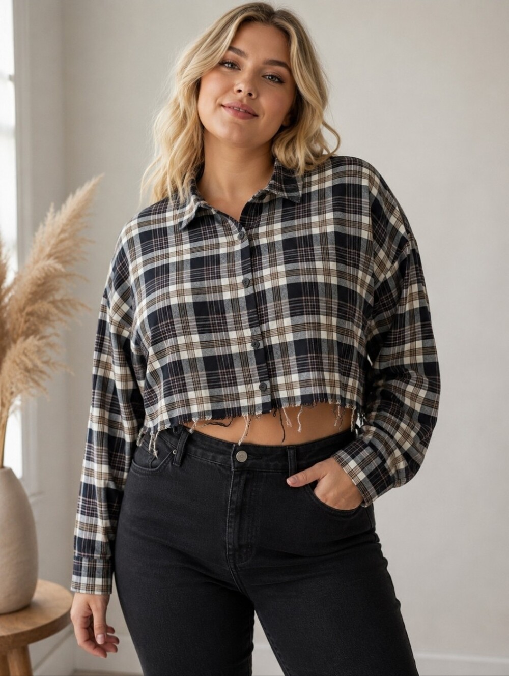 Forever 21+ Black/White Plaid Flannel Cropped long sleeve oversized shirt frayed